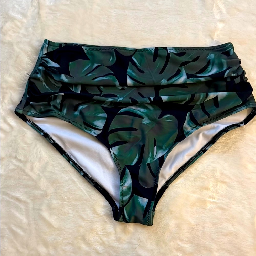 Tropical Leaf Print High-Waisted Bikini Bottom